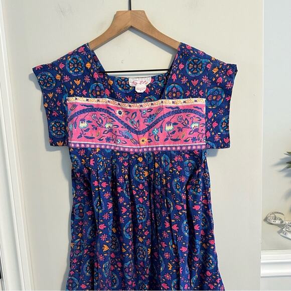 Vintage Blue Pink Cotton Block Printed House Maxi Dress Muumuu Small - Picture 11 of 12